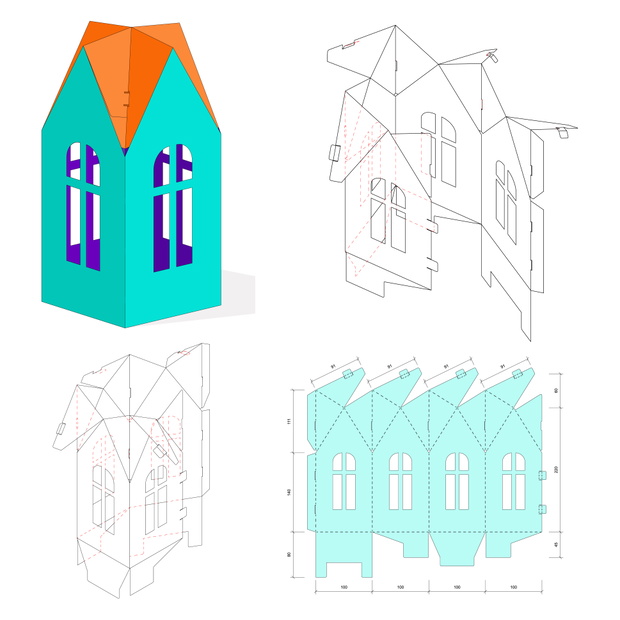 Retail Box with Blueprint Template. Cardboard Shaped Opening Carry Box Bag Packaging,  Portable Container, Isolated On White Background. Die-stamping.