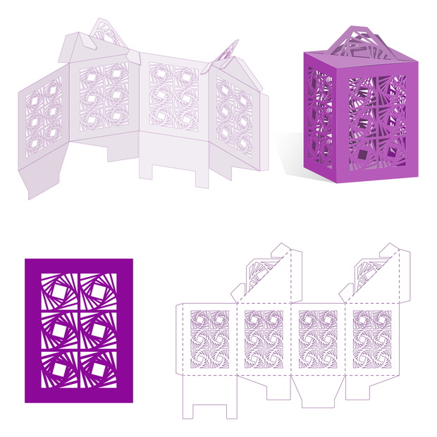 Retail Favor Box with Lace Tent, Handmade Craft, Present Bag Papercut, DIY Die-stamping Container, Folding Ready Winter Paper Lantern Silhouette. Practical Vector Image on Ttransparent Background.