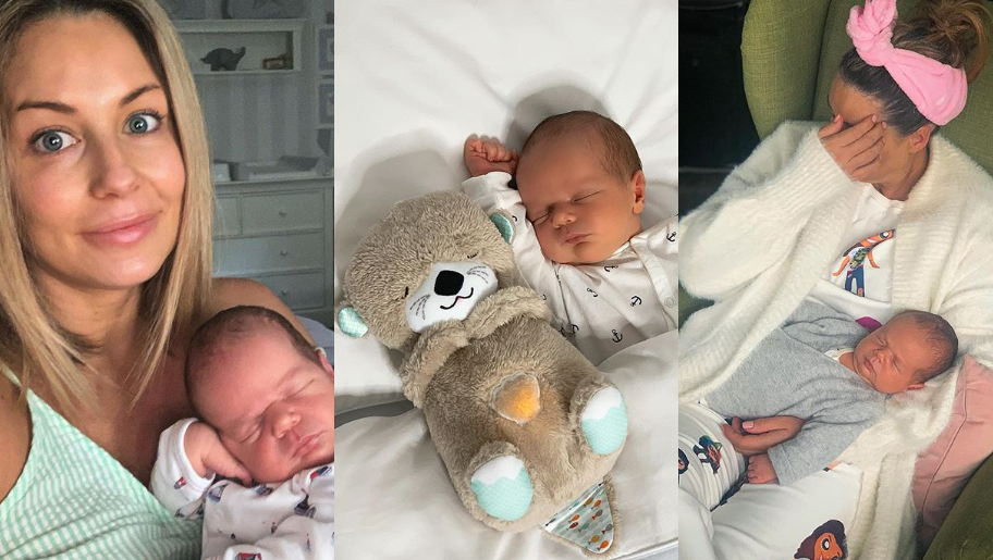 Małgorzata Rozenek i śpiący Henio z wydrą Fisher-Price
