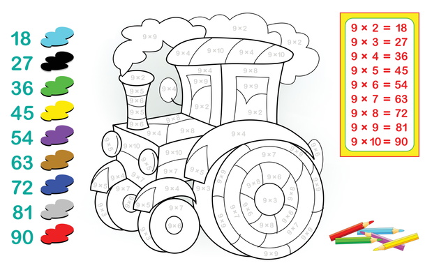 Worksheet with exercises for children with multiplication by nine. Need to solve examples and paint the tractor in relevant colors. Vector cartoon image.