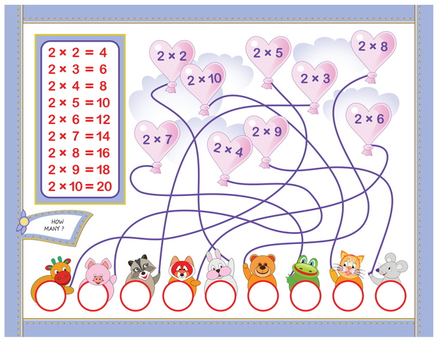 Multiplication table for kids. Write the numbers in correct circles. Educational page for mathematics baby book. Back to school. Vector cartoon image.