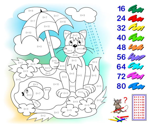 Multiplication table by 8 for kids. Math education. Coloring book. Paint the illustration corresponding to numbers. Logic puzzle game. Printable worksheet for children textbook. Back to school.