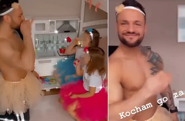 Paweł Trybała w tiulowej spódniczce z córkami