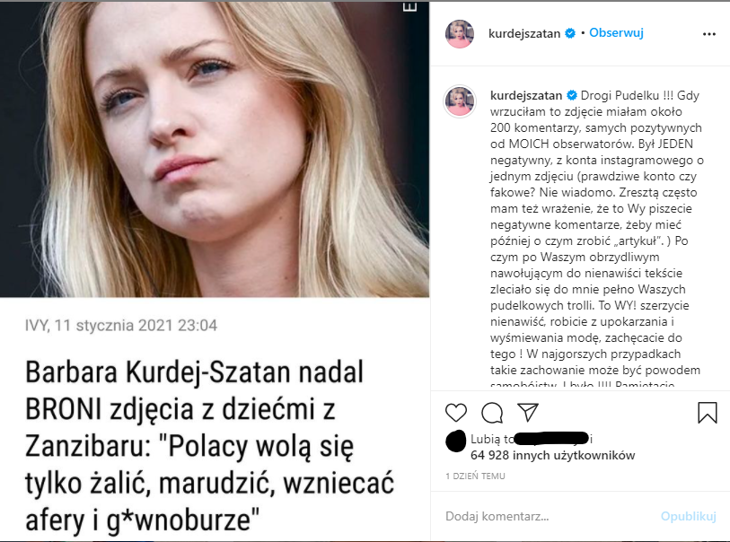 Basia Kurdej-Szatan odpowiada Pudelkowi