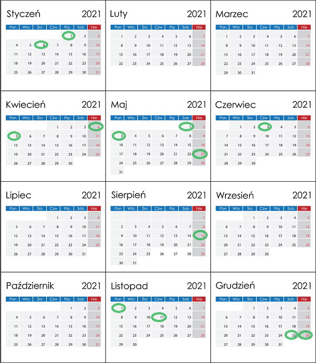 Simple Calendar 2021 on Polish language, week start on Monday. Template for planner design