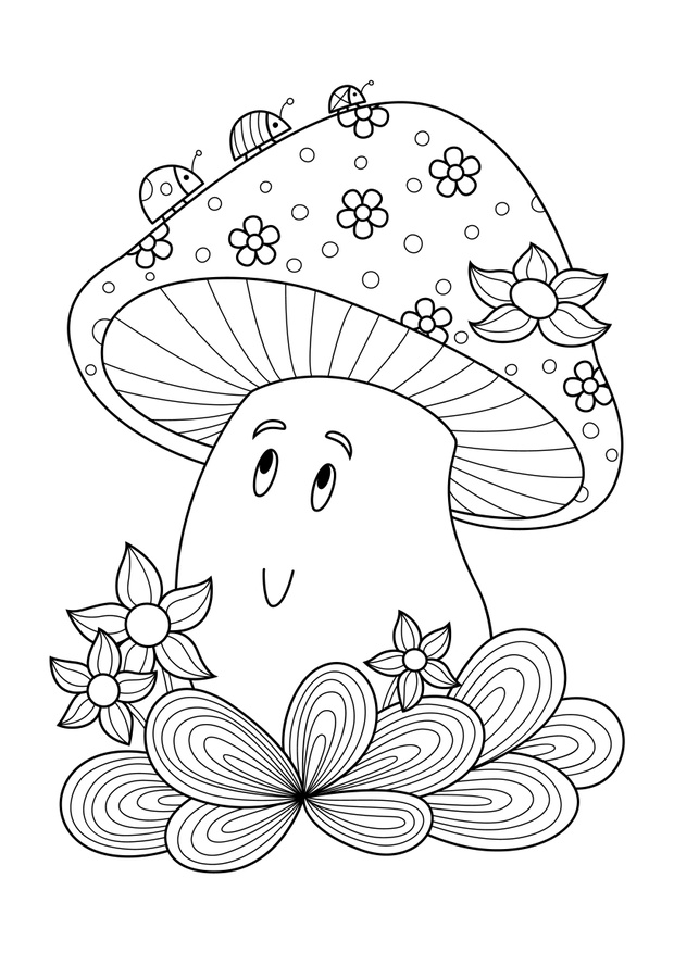 Cute mushroom doodle coloring book page. Antistress for adults. Stock vector illustration
