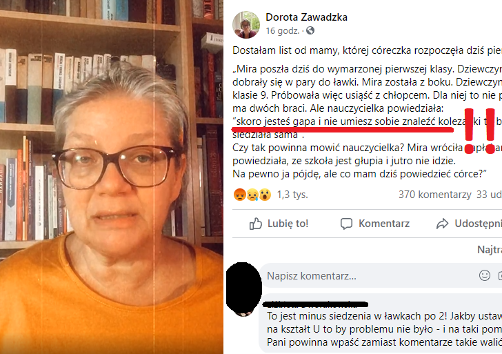 Dorota Zawadzka krytykuje słowa nauczycielki