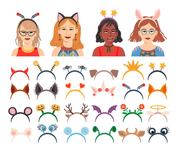 Masquerade head decor and mask set. Vector illustration. Cartoon headbands