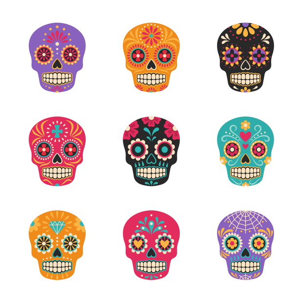 Dia de los muertos. Vector collection of Mexican traditional sugar skulls in various colors. Isolated on white.