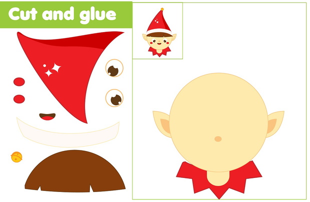 Cut and paste children educational game. Paper cutting activity. Make a Santa Christmas elf with glue and scissors. DIY worksheet