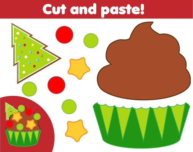 creative children educational game. Paper cut activity. Make a New Year, Christmas cupcake with glue and scissors