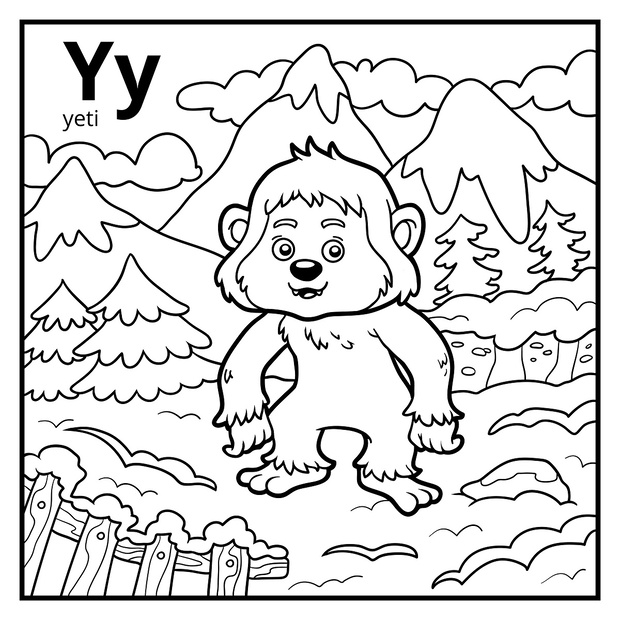 Coloring book, colorless alphabet. Letter Y, yeti