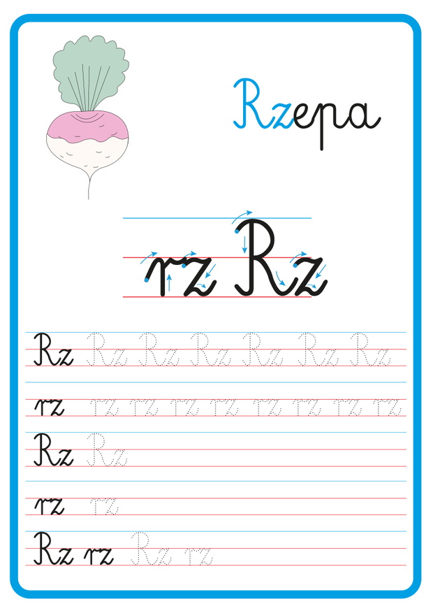 Plansza do nauki pisania liter alfabetu, litera rz
