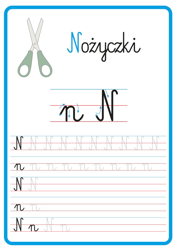 Plansza do nauki pisania liter alfabetu, litera n