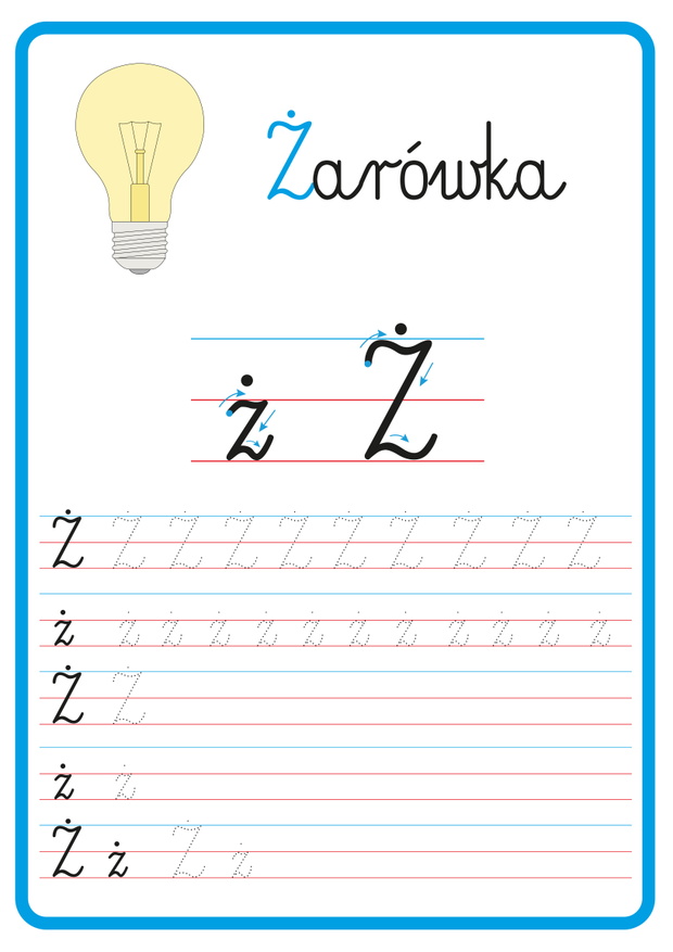 Plansza do nauki pisania liter alfabetu, litera ż