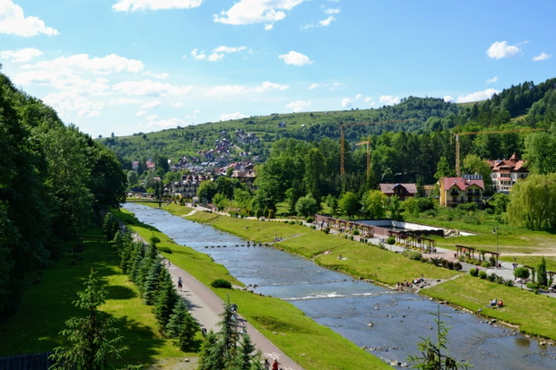 Aerial view at the picturesque Grajcarek stream in Szczawnica, s