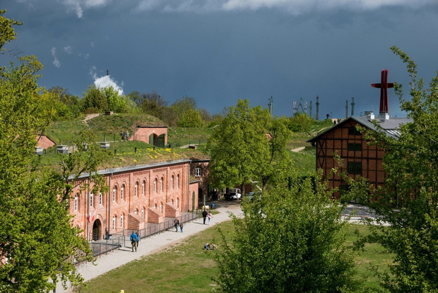 Long medieval bricks building. Hevelianum Centre On Gradowa Gora in Gdansk, Poland.