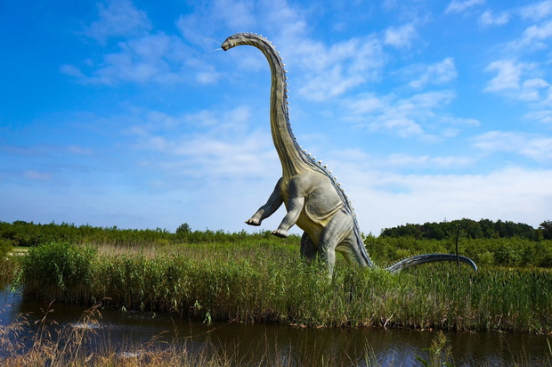 Model of dinosaur Seismosaur (Diplodocus) in Jurassic park in Le