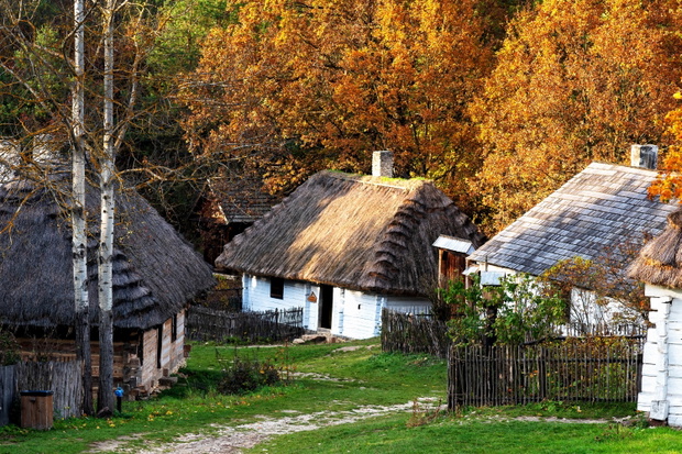 Old traditional polish wooden house in an open-air museum of Kie