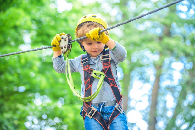 Child boy having fun at adventure park. Happy child climbing in the trees. Happy Little child climbing a tree. Balance beam and rope bridges.