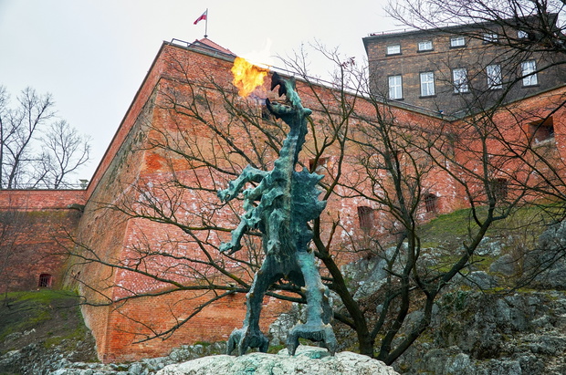 Poland. Krakow. Sculpture Wawel Dragon in Krakow. February 21, 2