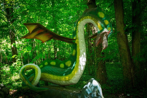 Malbork, Poland - June 1, 2020: Realistic dragon at the Dino Par