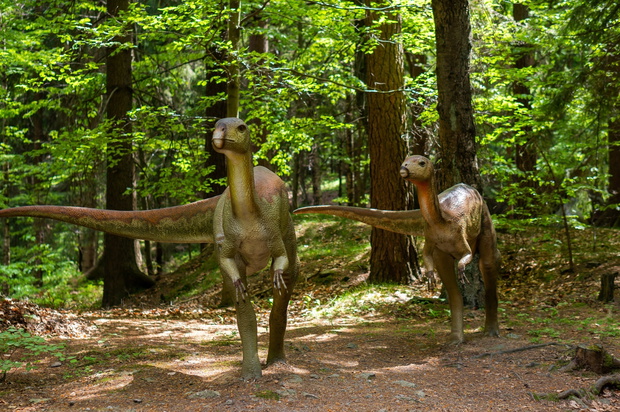 SZKLARSKA POREBA, POLAND - May 10, 2018: Two model dinosaurs and trees in Dino Park.