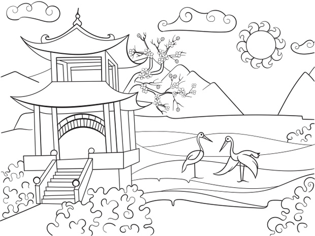 Nature of Japan coloring book for children cartoon vector illustration