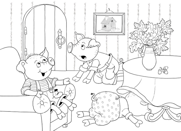 Three little pigs. Fairy tale. Coloring book. Coloring page. Ill