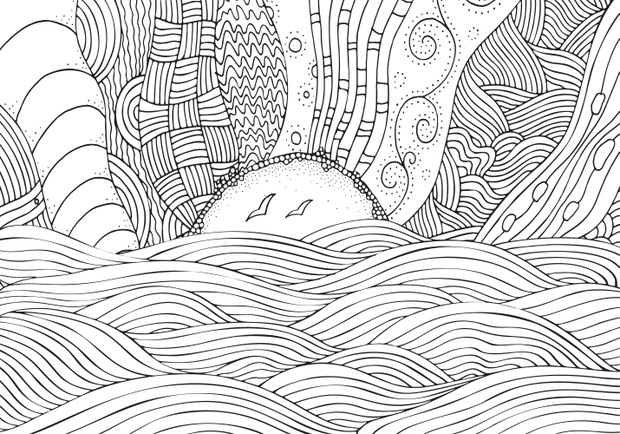 Black and white fantasy picture with sun and sea. Beach landscape. Pattern for adult Coloring book. Hand-drawn, ethnic, doodle, vector, zentangle.