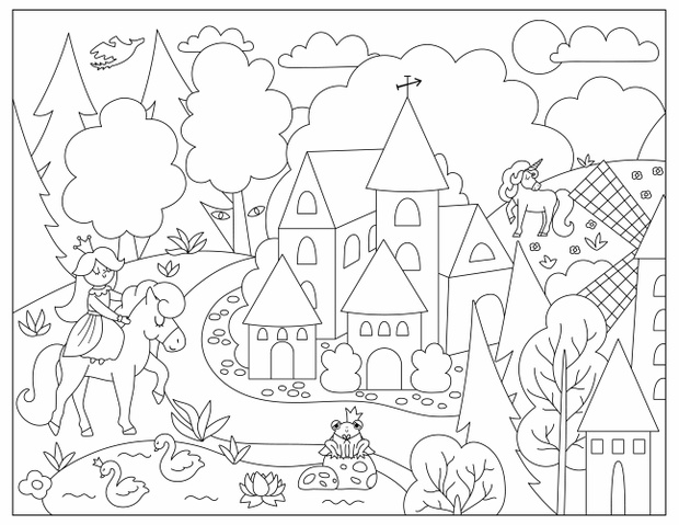 Vector black and white Medieval village landscape with princess and unicorn. Magic kingdom coloring page. Stone and wooden line building surrounded by magic forest illustration