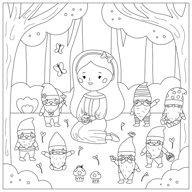 Coloring page with Snow White and the Seven Dwarfs. Cute cartoon kawaii characters. Classic fairy tale for kids. Beauty princess and gnomes on forest background. Vector illustration for coloring book.