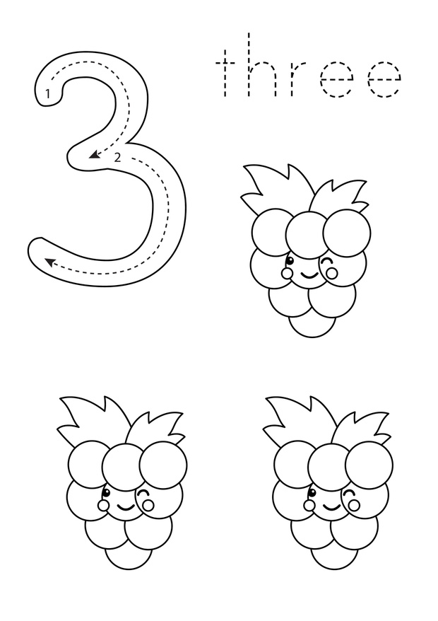 Flashcard number 3. Preschool worksheet. Black and white fruits.