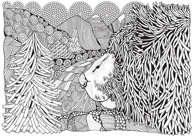 Cute Winter Bear in the forest. Fir trees, river and mountain. Coloring book page for adult and children. Zentangle. Black and white. A4 size.