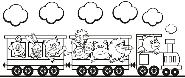 Group of animals in the train, funny vector illustration. Dog, h