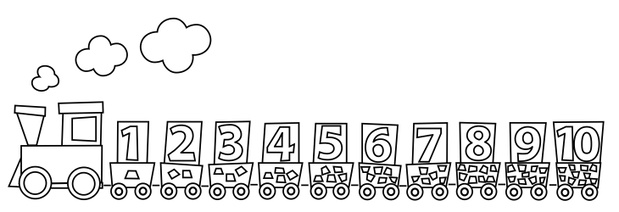 Coloring page with math train and numbers 1- 10