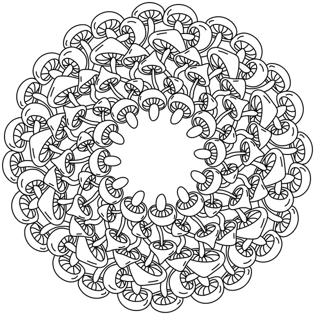 Mushroom mandala, coloring page in the form of a round frame of