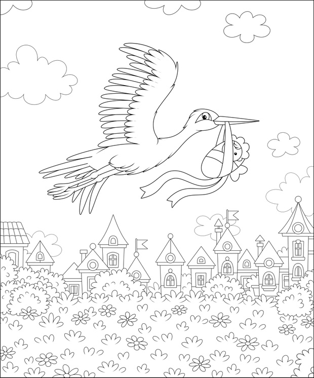 White stork flying and carrying a newborn child over houses of a