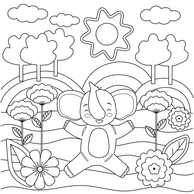 Kids coloring book with cute elephant, trees and flowers. Simple