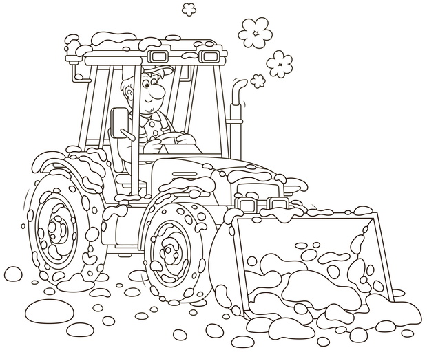 Smiling worker driving his wheeled tractor grader with a bucket