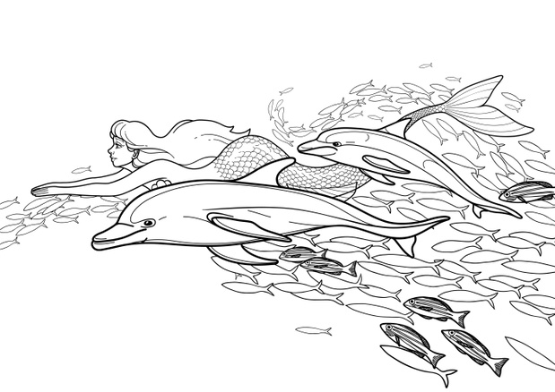 Graphic mermaid swimming under the ocean surface among the dolphins and the school of fish