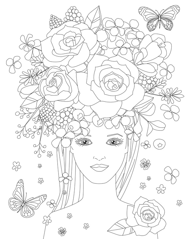 beauty girl with floral hairstyle for your coloring book