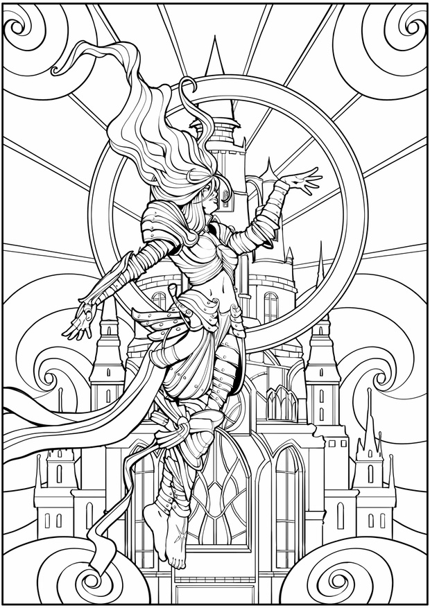 Coloring page for adults , a female wizard in armor hovers in the air against a Gothic castle background.