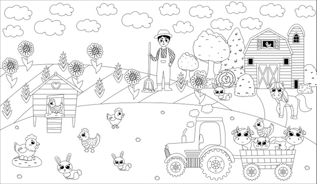 Printable black and white coloring page with farmer boy digging and tractor with animals, barn and henhouse