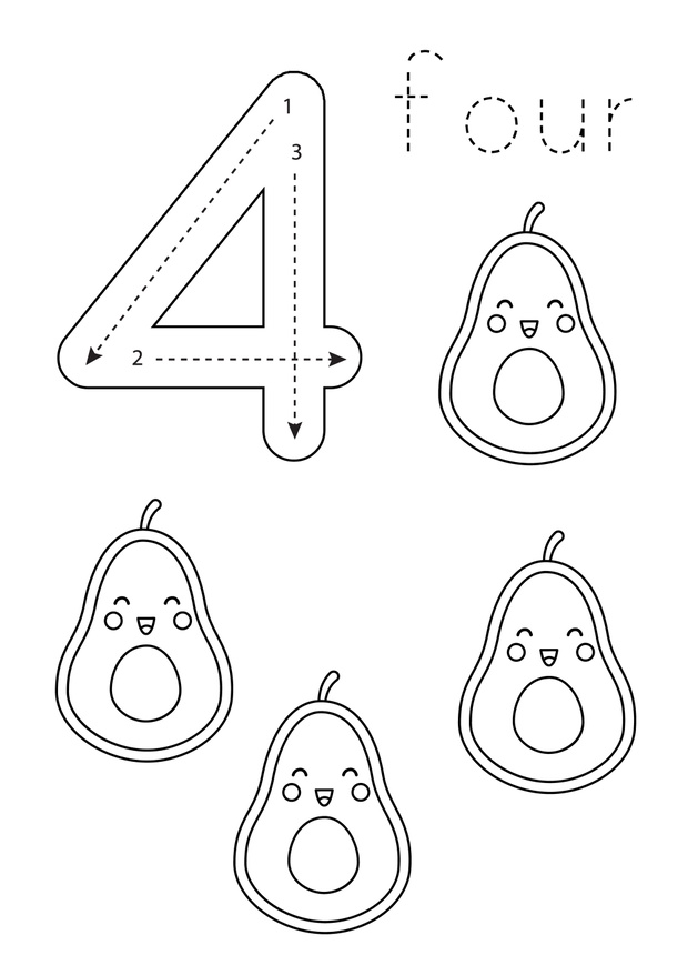 Flashcard number 4. Preschool worksheet. Black and white fruits.