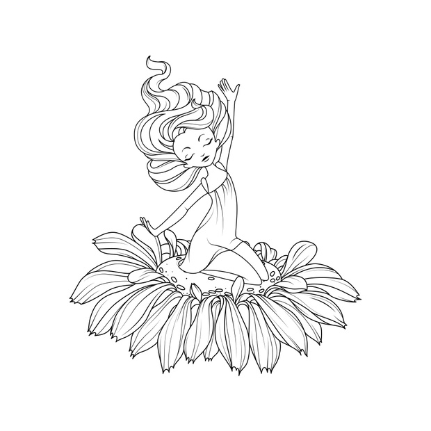 Coloring book: Thumbelina, faity tale character sitting on the f
