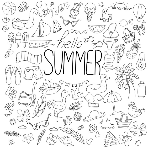 hello summer, set of summer items - tree, swimsuit, inflatable c