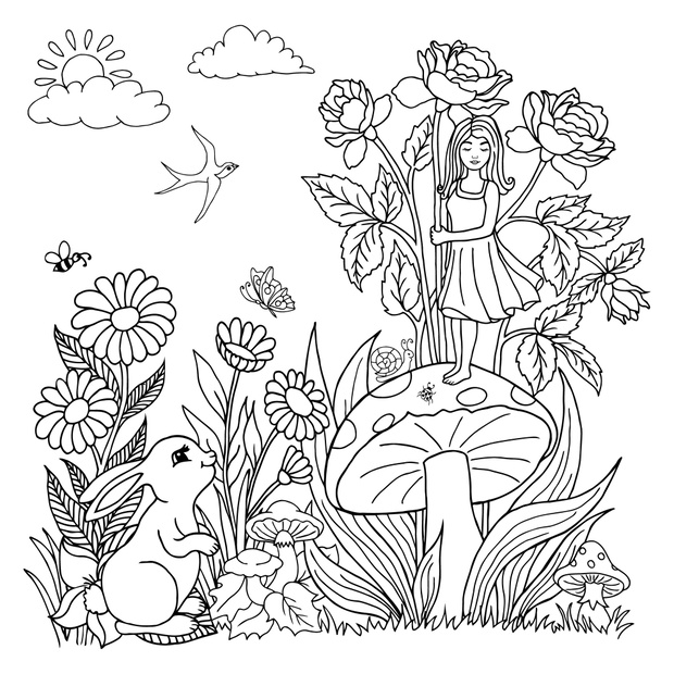 Vector illustration. The hare watches the girl who stands on the