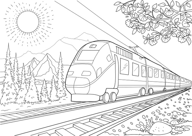 Model Train On Railroad Coloring Page.The mountains.