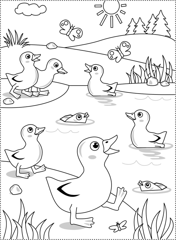 Spring or summer joy themed coloring page with ducklings at the